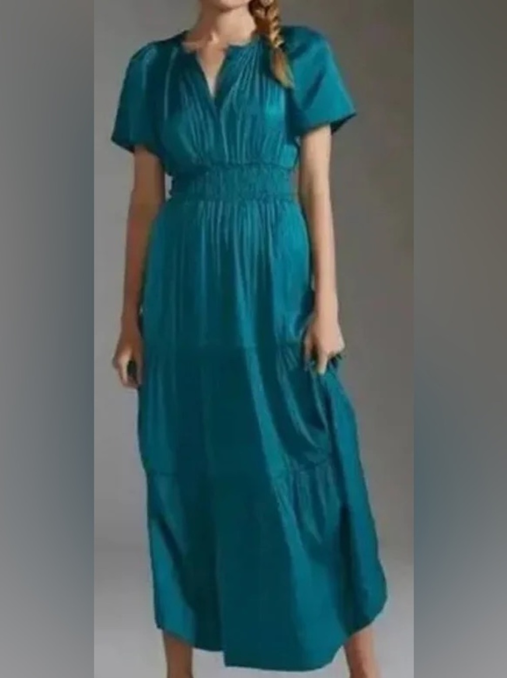 Anthropologie Somerset Teal Satin Short-Sleeve Maxi Dress